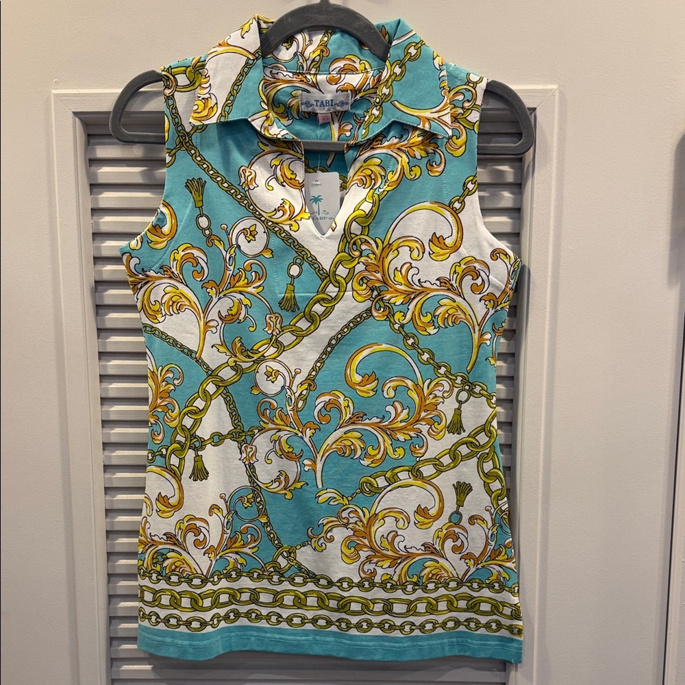 Elegant Turquoise and White Patterned Blouse